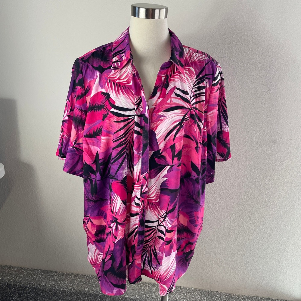 Catherines Womens Plus 2X Tropical Palm Print Button Up Shirt Pink Purple‎